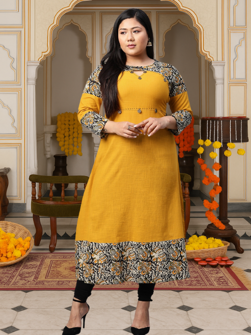 Cotton Blend Kalamkari Print Kaantha Work A-line Kurta