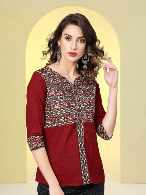 Fashion Plus Store Women's Cotton Slub Kalmakari Printed Regular Fit Top for Women