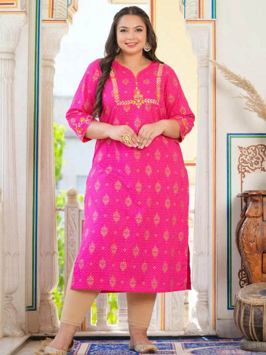 Cambric Cotton Zari Embroidered Straight Kurta (Pink)