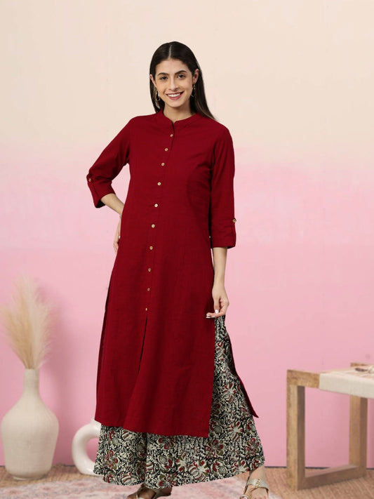 women cotton slub solid straight kurta with ajarak printed palazzo set maroon