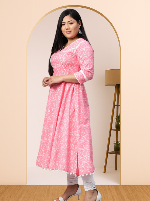 FASHION PLUS STORE Women's Cotton Floral Print Anarkali Kurta  (Black)