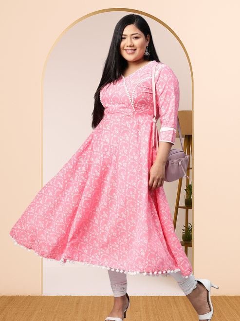 FASHION PLUS STORE Women's Cotton Floral Print Anarkali Kurta  (Black)