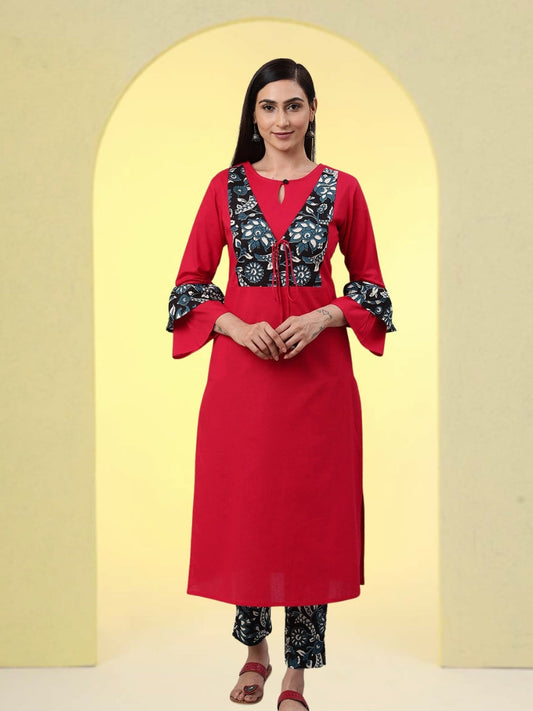 women cotton jacket style straight kurta pant set pink black