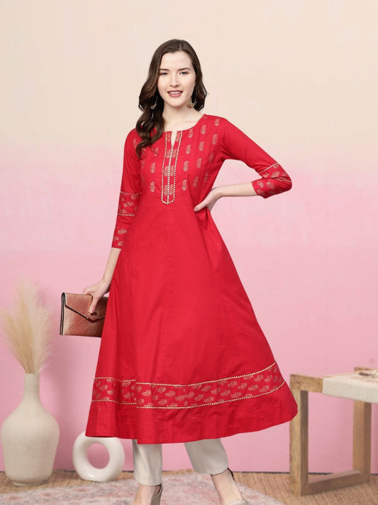 women cotton floral printed anarkali kurta red