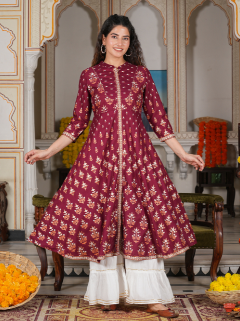 women rayon floral printed anarkali kurta maroon