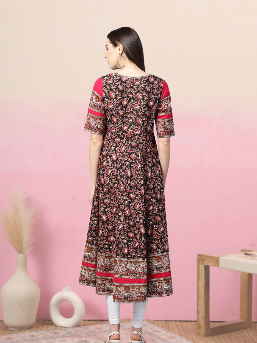 women cotton floral printed anarkali kurta black