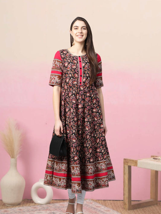 women cotton floral printed anarkali kurta black