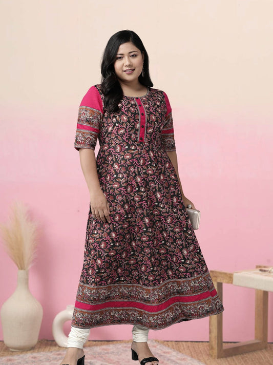 women cotton floral printed anarkali kurta black