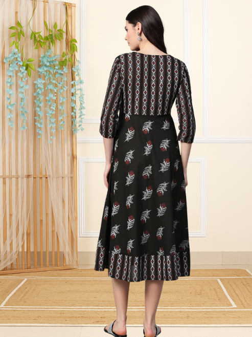 Maternity Wear Floral Printed Anarkali Dress (Black)