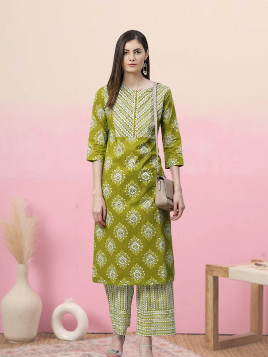 women cotton floral printed straight kurta with palazzo green