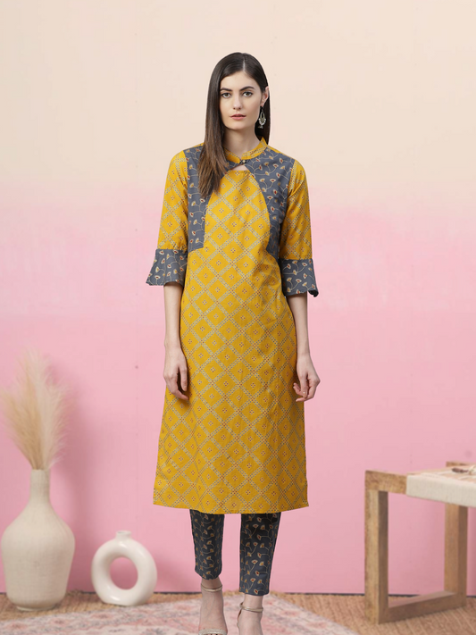 women cotton geomatrical printed straight kurta with pant yellow grey