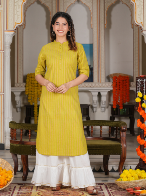 womens cotton stripe gold printed straight kurta green