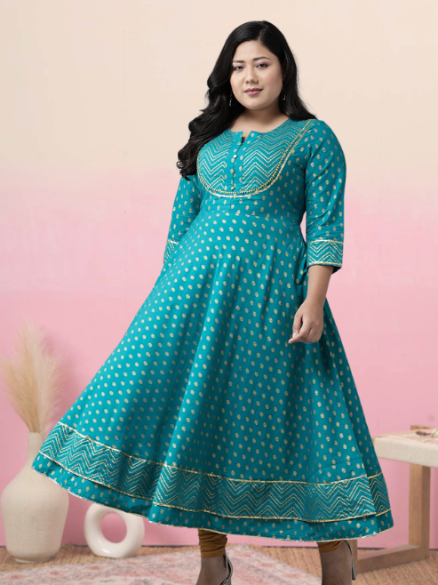 Cotton Floral Printed Anarkali Kurta (Teal)