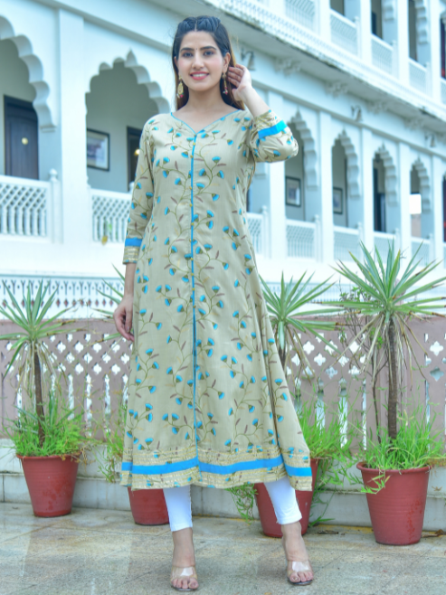 Rayon Floral Printed Anarkali Kurta (Khaki)