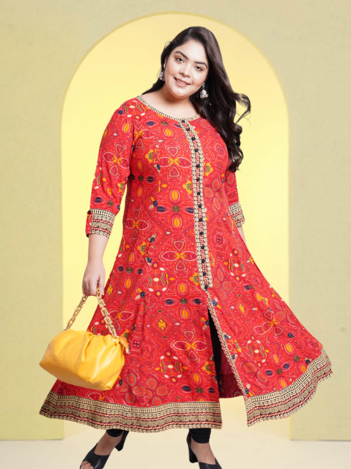 Rayon Bandhej Printed Anarkali Kurta (Red)