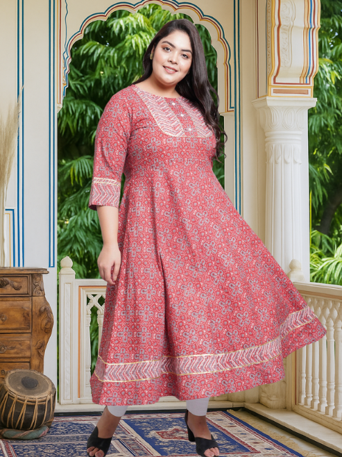 Cotton Round Neck Floral Printed Anarkali Kurta (Maroon)