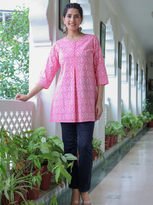 Cotton Floral Printed Short Kurti