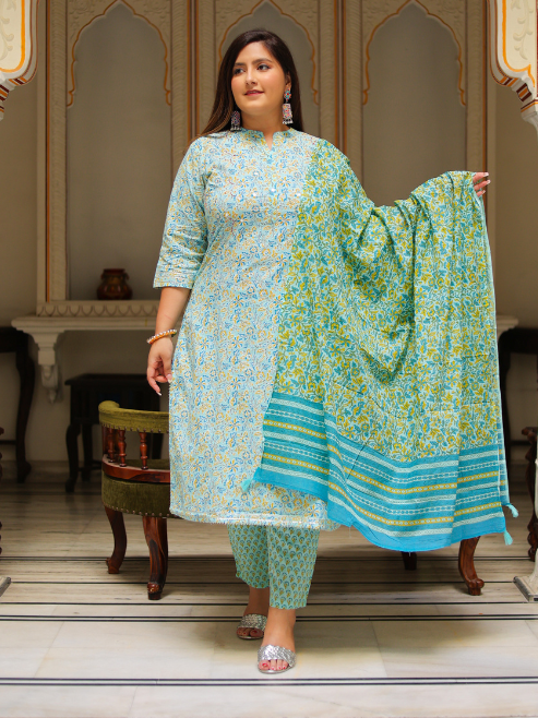 womens embroidered floral printed straight kurta with pant and dupatta green