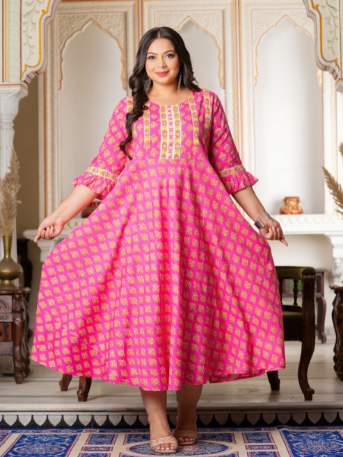 womens floral printed anarkali kurti pink