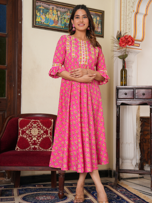 womens floral printed anarkali kurti pink