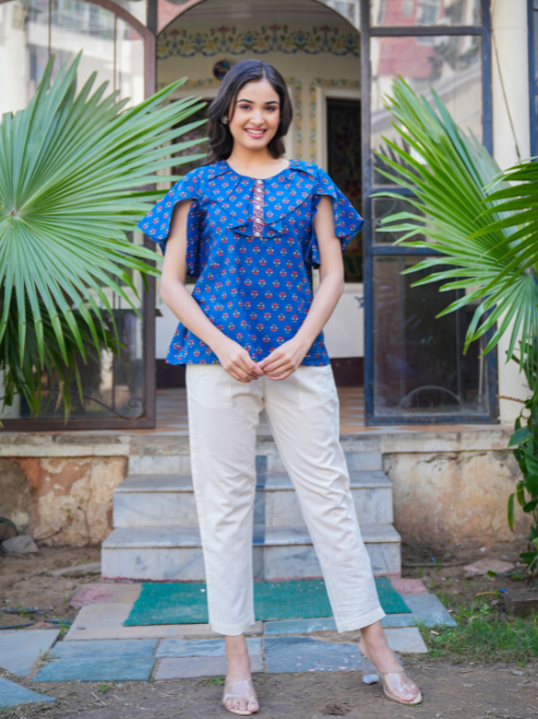 Fashion Plus Store Women's Blue Cotton Floral Printed Top