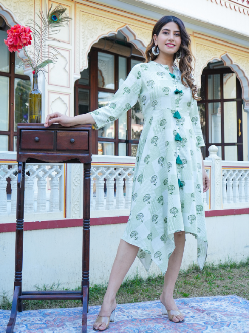 Fashion Plus Store Women's Floral Printed Front Slit Asymmetrical Dress (White)