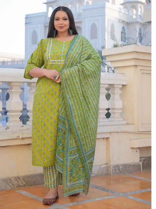 Floral Printed Straight Kurta with Pant & Dupatta Set