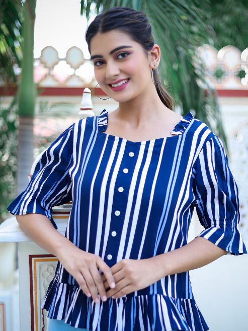 Fashion Plus Store Women's Stripe Printed Ruffle Top (Blue)