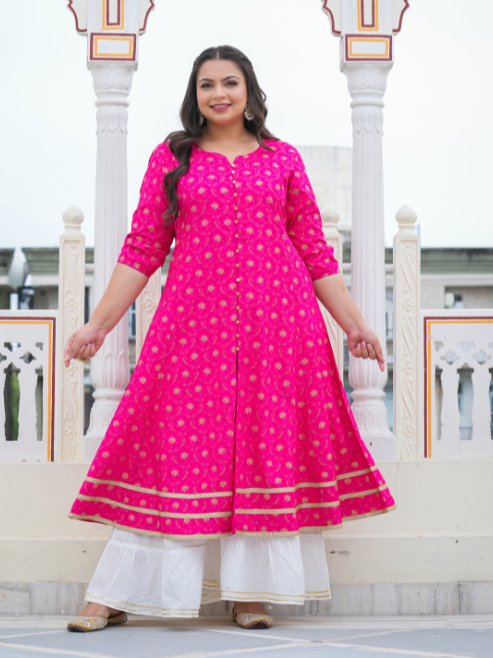 Fashion Plus Store Gold printed Pink Anarakali Kurta
