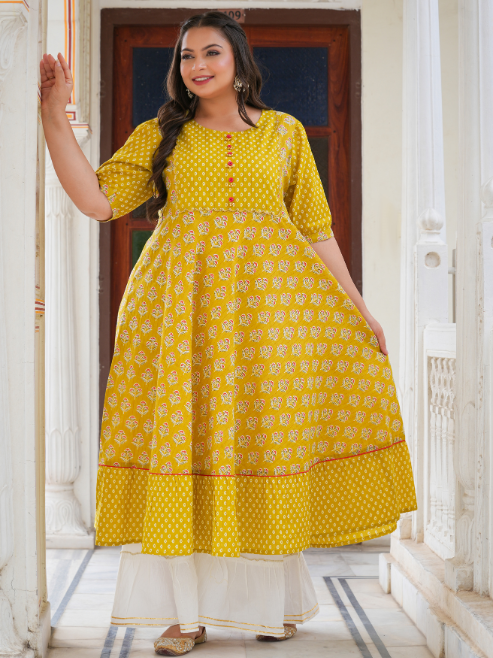 Fashion Plus Store Women's Mustard Floral Printed Anarkali Kurti
