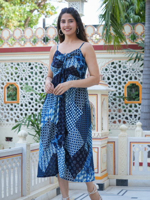 Fashion Plus Store Women's Indigo Patch Printed Dress