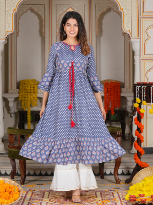 womens grey floral printed anarkali kurti grey