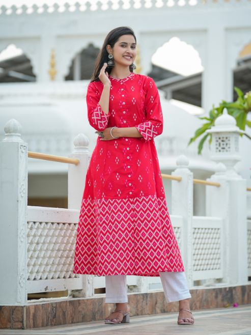 Cotton Ikat Printed A-line Kurta
