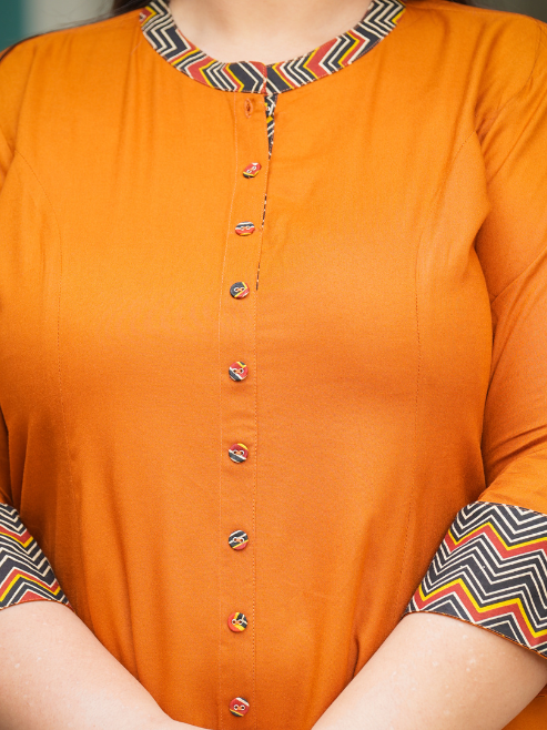 Rayon & Cotton Cambric Zig-Zag Printed A-line Kurta