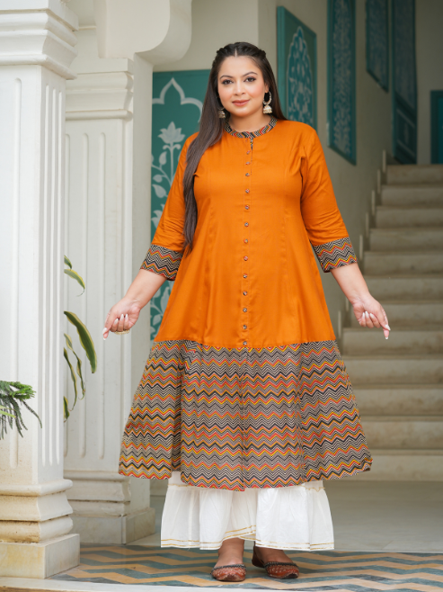 Rayon & Cotton Cambric Zig-Zag Printed A-line Kurta