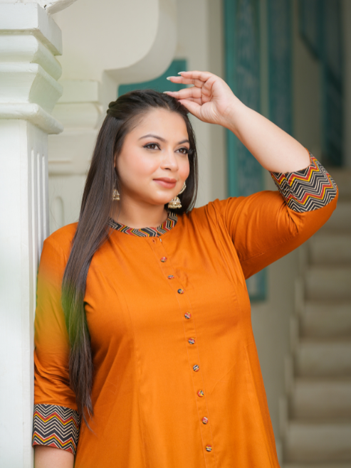 Rayon & Cotton Cambric Zig-Zag Printed A-line Kurta