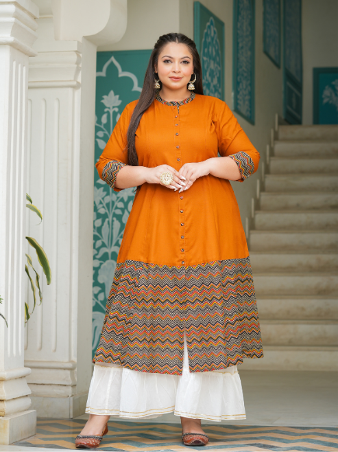 Rayon & Cotton Cambric Zig-Zag Printed A-line Kurta