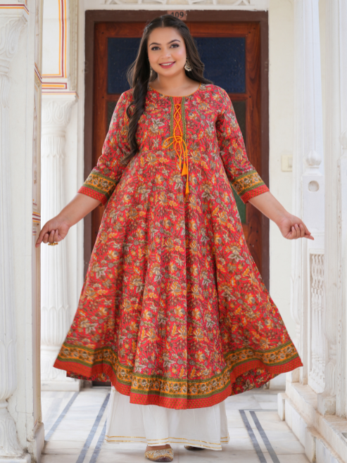 Fashion Plus Store Women's Rayon Relaxed Fit Anarkali 's Floral Printed Kurta