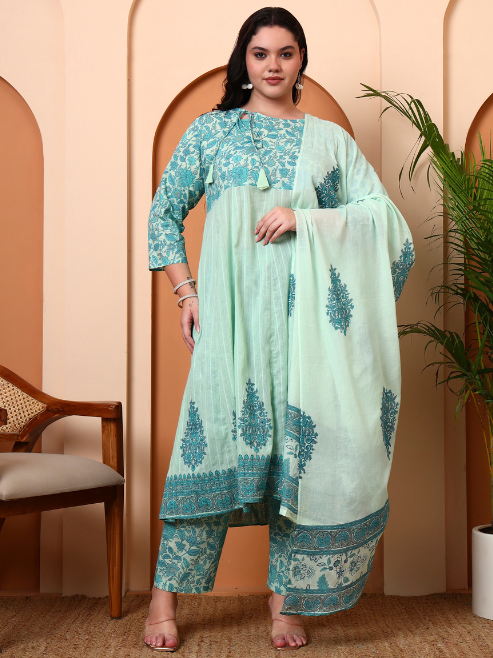 Fashion Plus Store Women's Green Cotton Dobby Printed Anarkali Kurta Set with Pant & Dupatta