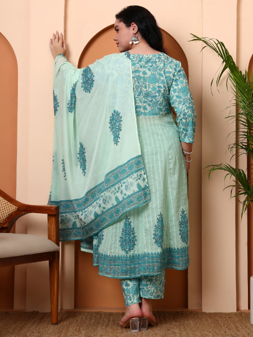 Fashion Plus Store Women's Green Cotton Dobby Printed Anarkali Kurta Set with Pant & Dupatta