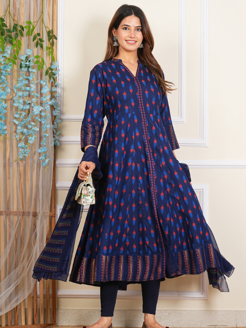 Fashion Plus Store Women's Rayon Ikat Printed Anarkali Kurta with Dupatta