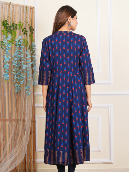 Fashion Plus Store Women's Rayon Ikat Printed Anarkali Kurta with Dupatta