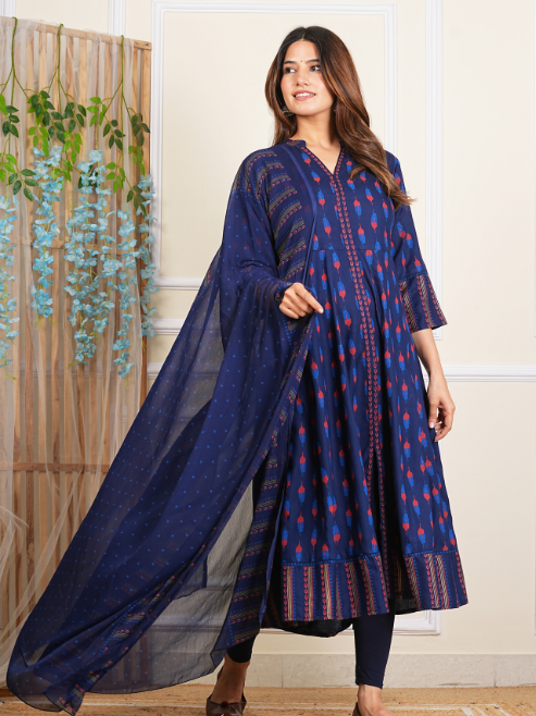 Fashion Plus Store Women's Rayon Ikat Printed Anarkali Kurta with Dupatta