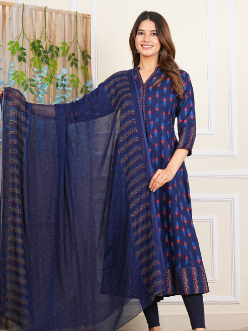 Fashion Plus Store Women's Rayon Ikat Printed Anarkali Kurta with Dupatta