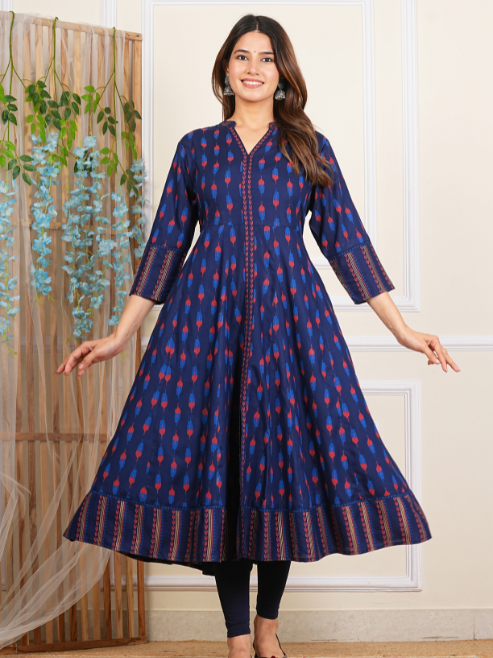 Fashion Plus Store Women's Rayon Ikat Printed Anarkali Kurta with Dupatta