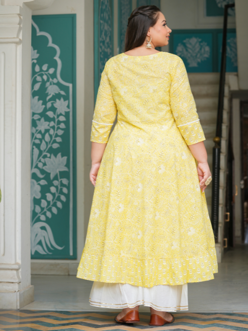 Cotton Floral Printed Embroidered Anarkali Kurta (Yellow)