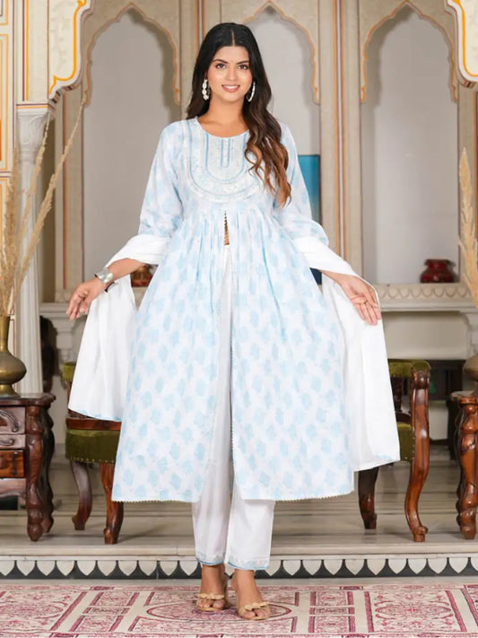 White Floral Embroidered Gathered Kurta with Pant & Dupatta