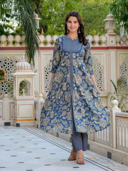 Floral Printed Anarkali Kurta with Zig-Zag Printed Pant & Dupatta (Blue)