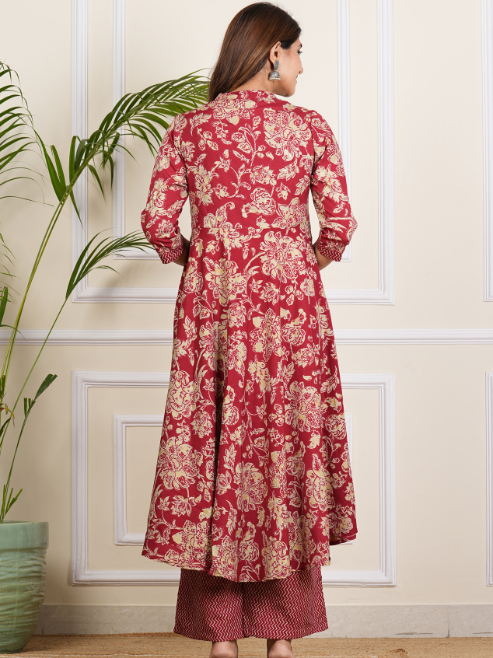 Floral Printed Anarkali Kurta with Zig-Zag Printed Pant & Dupatta (Maroon)