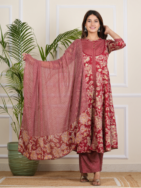 Floral Printed Anarkali Kurta with Zig-Zag Printed Pant & Dupatta (Maroon)
